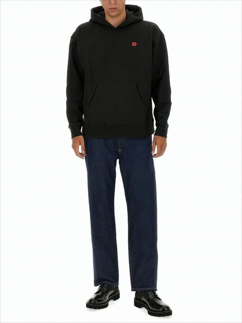Kenzo Black Hoodie With Kangaroo Pocket And Floral Graphics