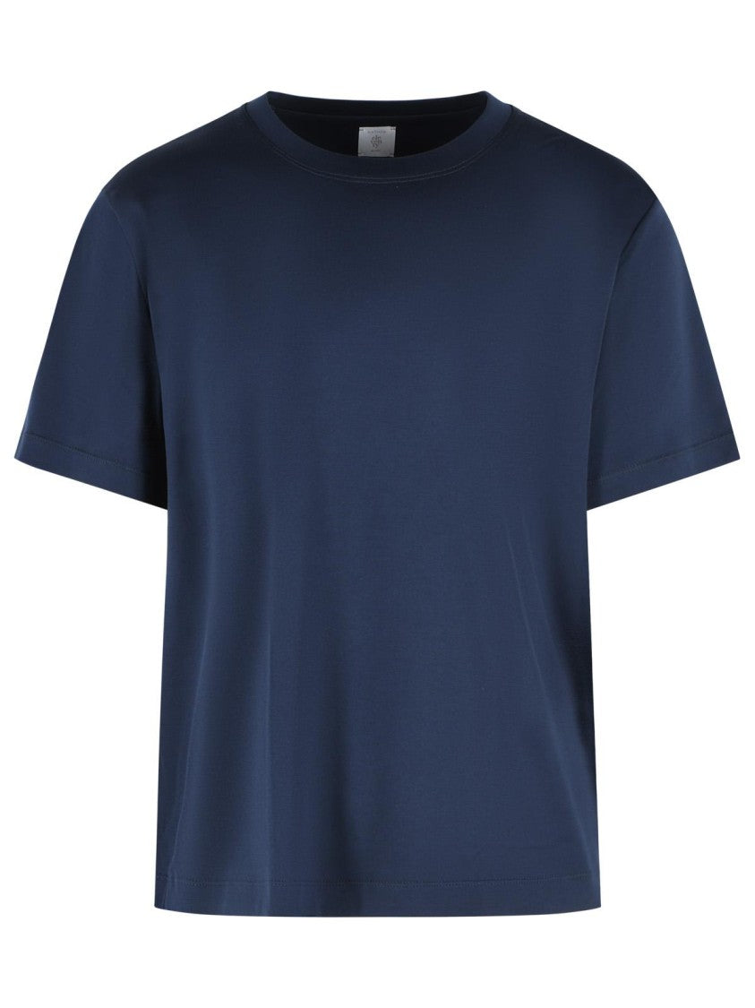 Eleventy Ribbed Crew Neck Blue Cotton T-Shirt With Side Slits