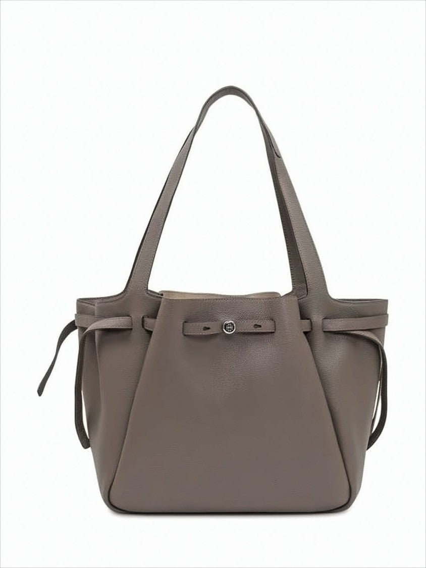 Tory Burch Structured Taupe Cow Leather Tote Bag
