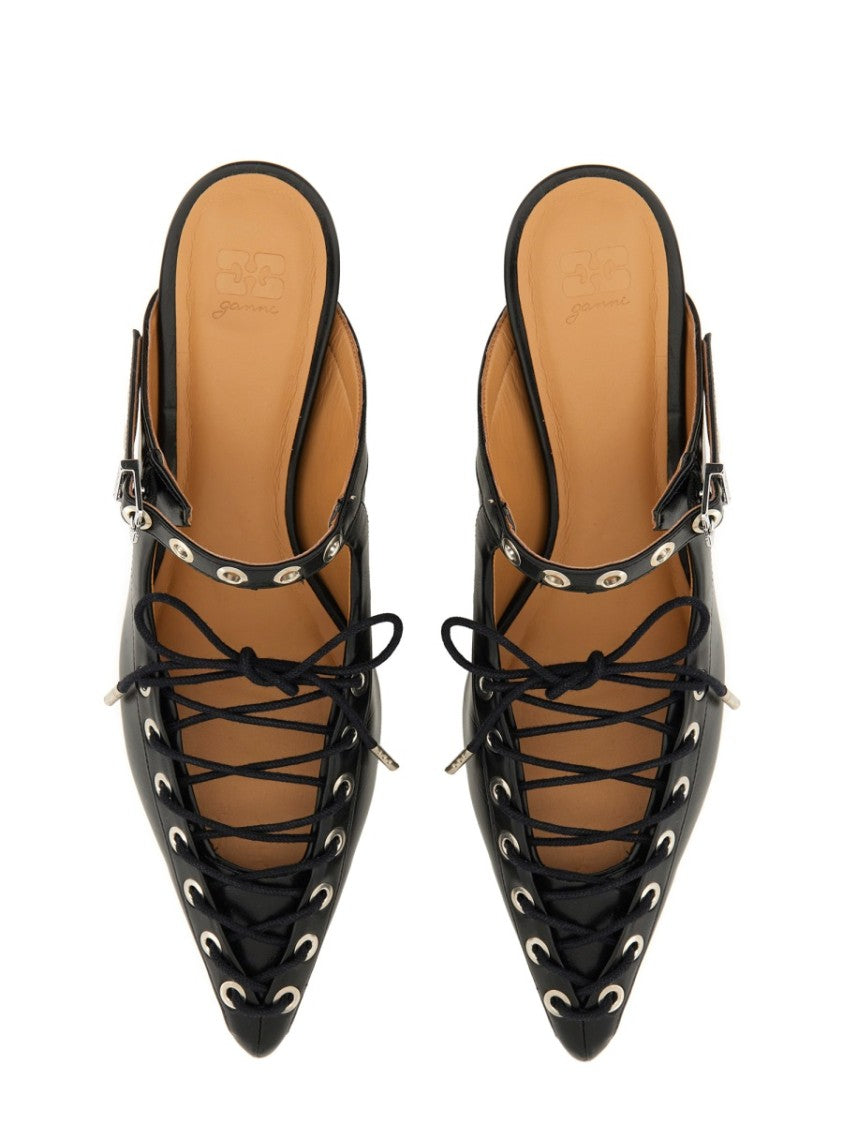 Ganni Pointed Toe Lace-Up Mules