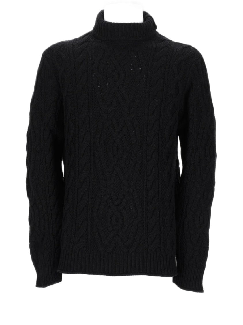 La Societe Black Cable-Knit Sweater With Ribbed Turtleneck And Intricate Patterns