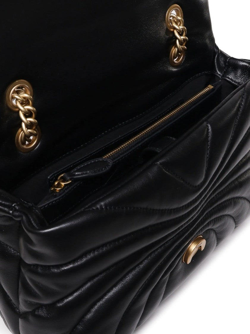 Pinko Quilted Black Handbag With Decorative Emblem And Chain Strap