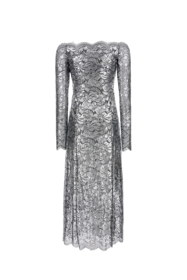 Rabanne Lace Maxi Dress With Boat Neckline And Metallic Finish