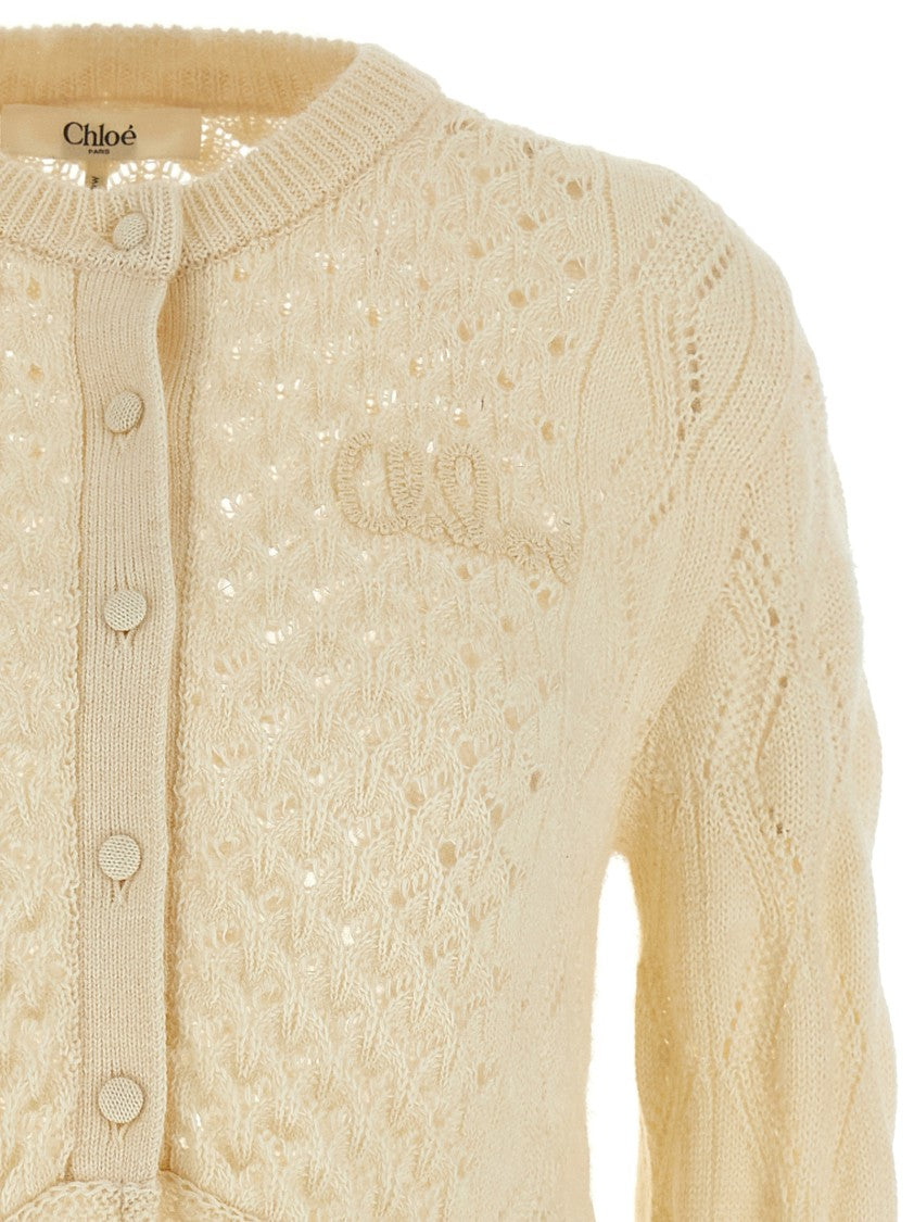 Chloé Pointelle Knit Cardigan With Ruffled Hem