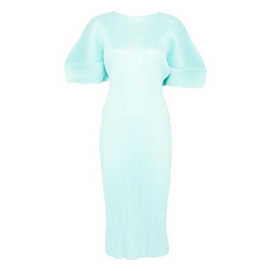Pleats Please Pleated Long Dress With Voluminous Puff Sleeves