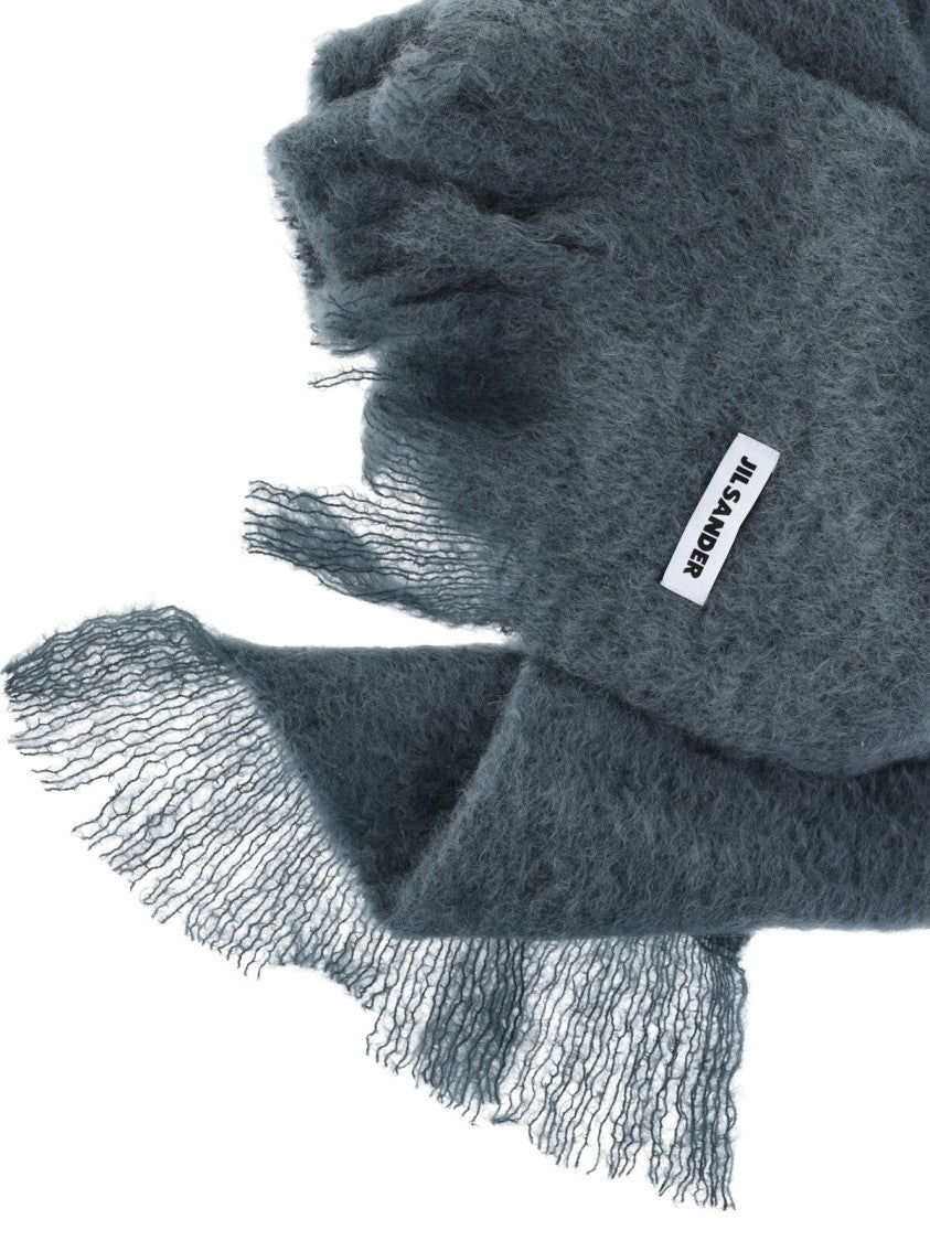 Jil Sander Grey Fuzzy Texture Fringed Scarf