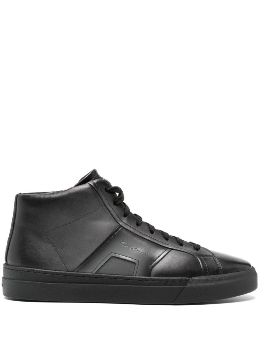 Santoni Grey Calf Leather Sneaker With Logo