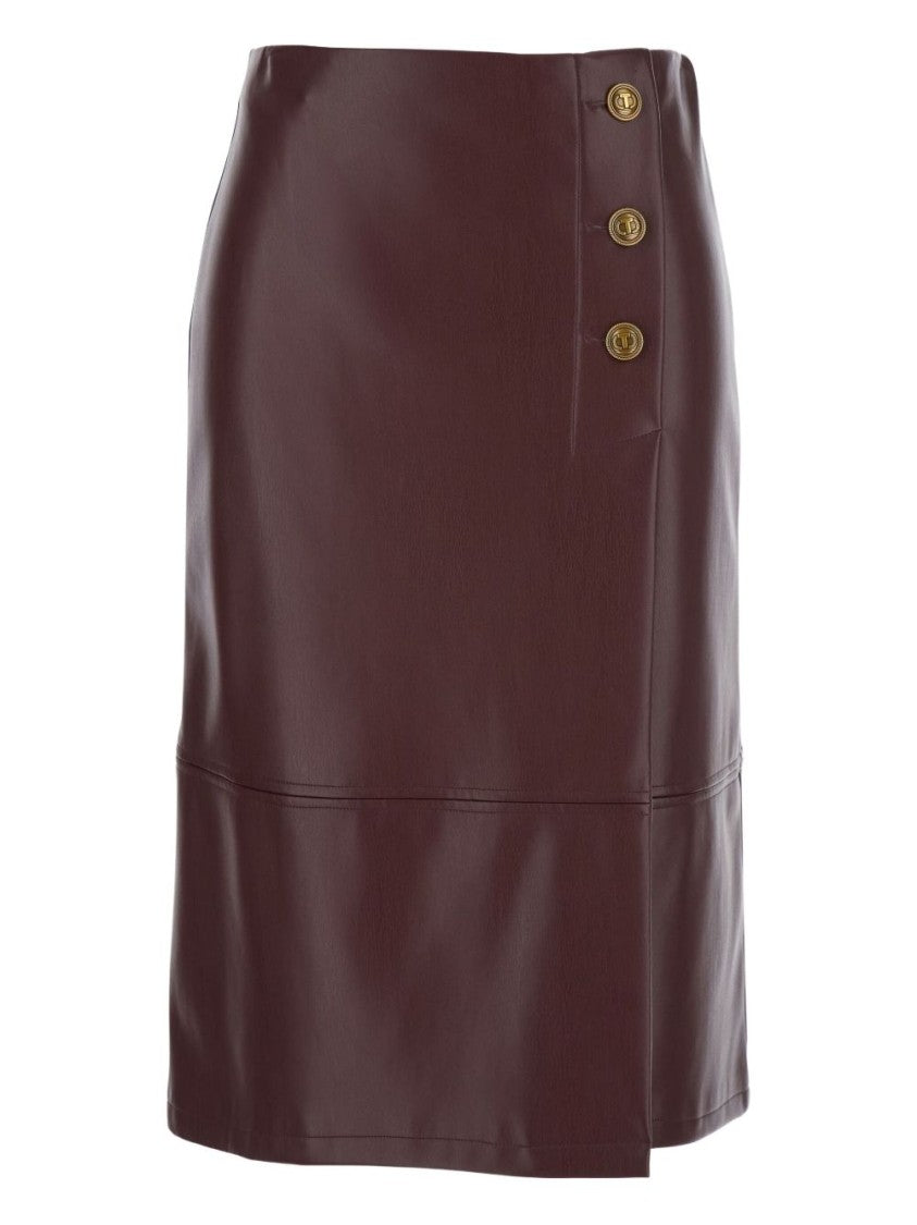 Twin-Set Knee-Length Bordeaux Skirt With Decorative Gold Buttons