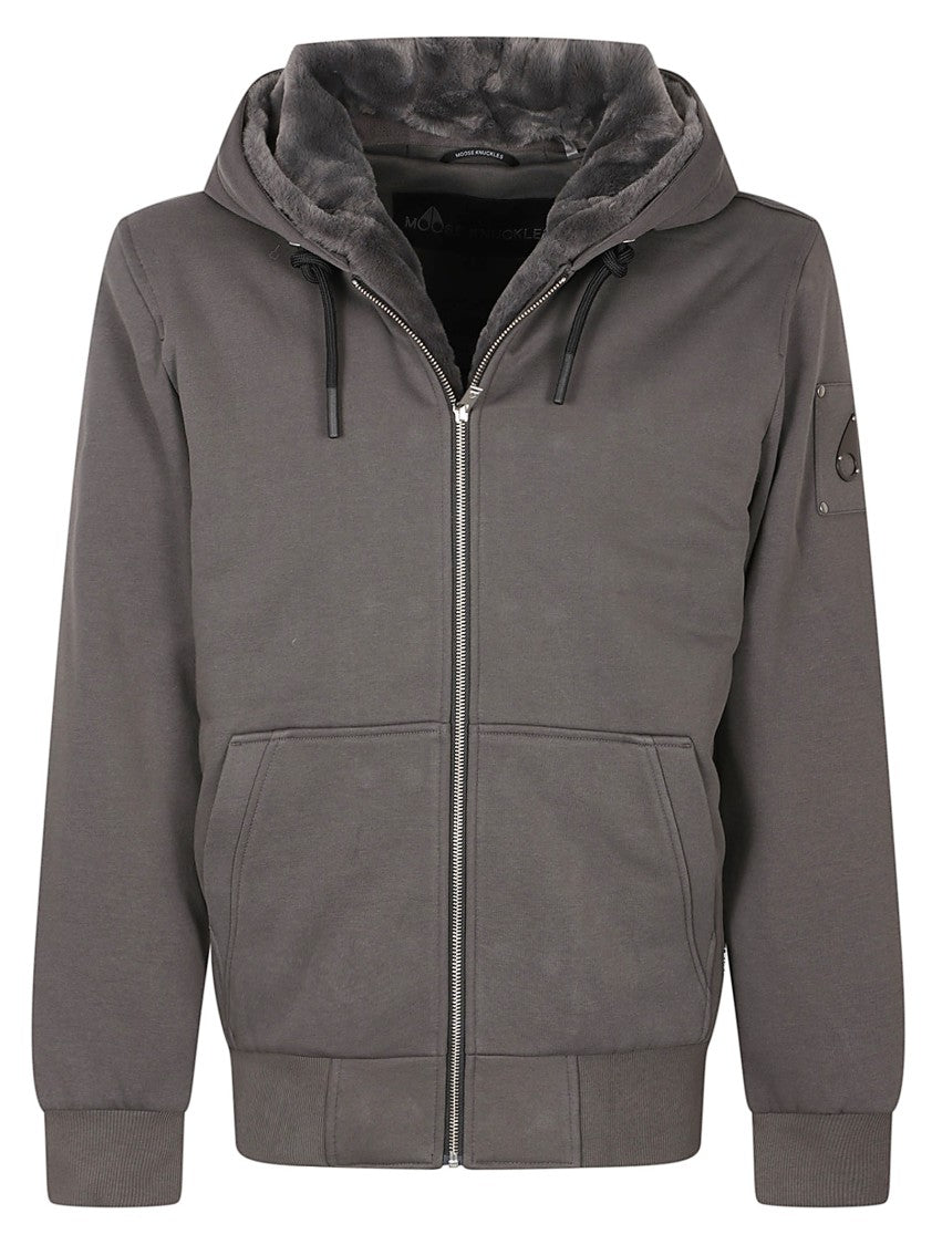 Moose Knuckles Hooded Zip-Up Sweater With Plush Lining And Ribbed Details