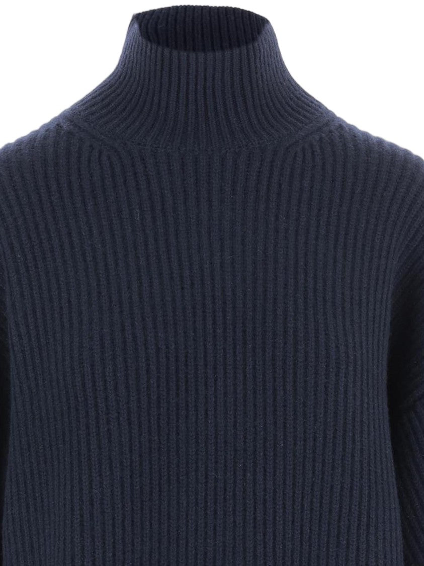 Carven Navy Voluminous-Sleeve Ribbed Cashmere Turtleneck