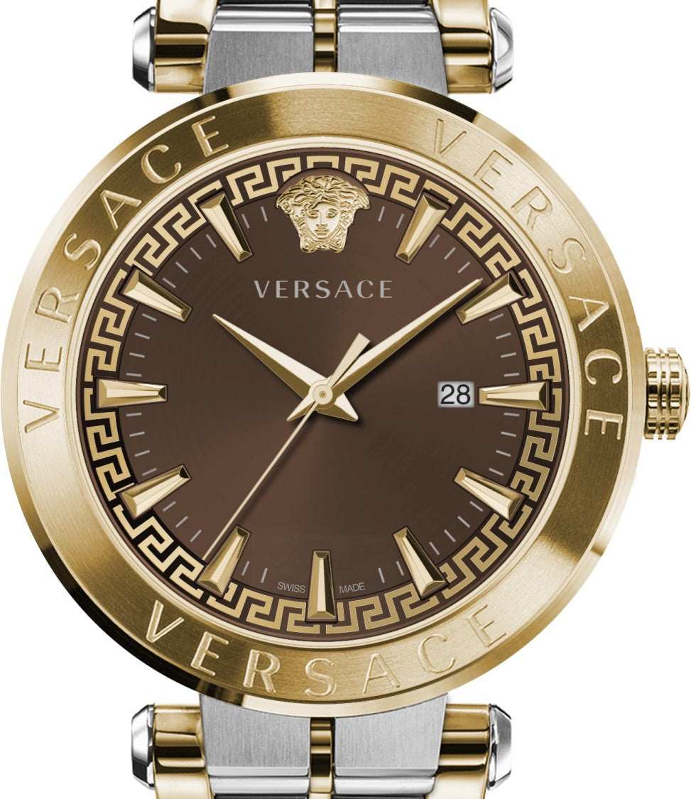 Versace Aion 44Mm Steel Quartz Watch With Oval Gold Bezel