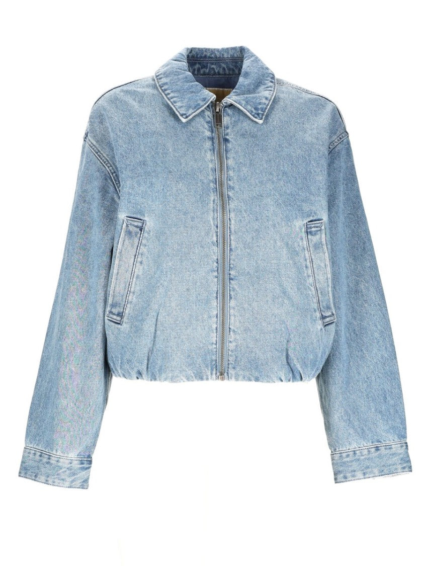 Michael Michael Kors Light Blue Cropped Elasticized Denim Bomber Jacket