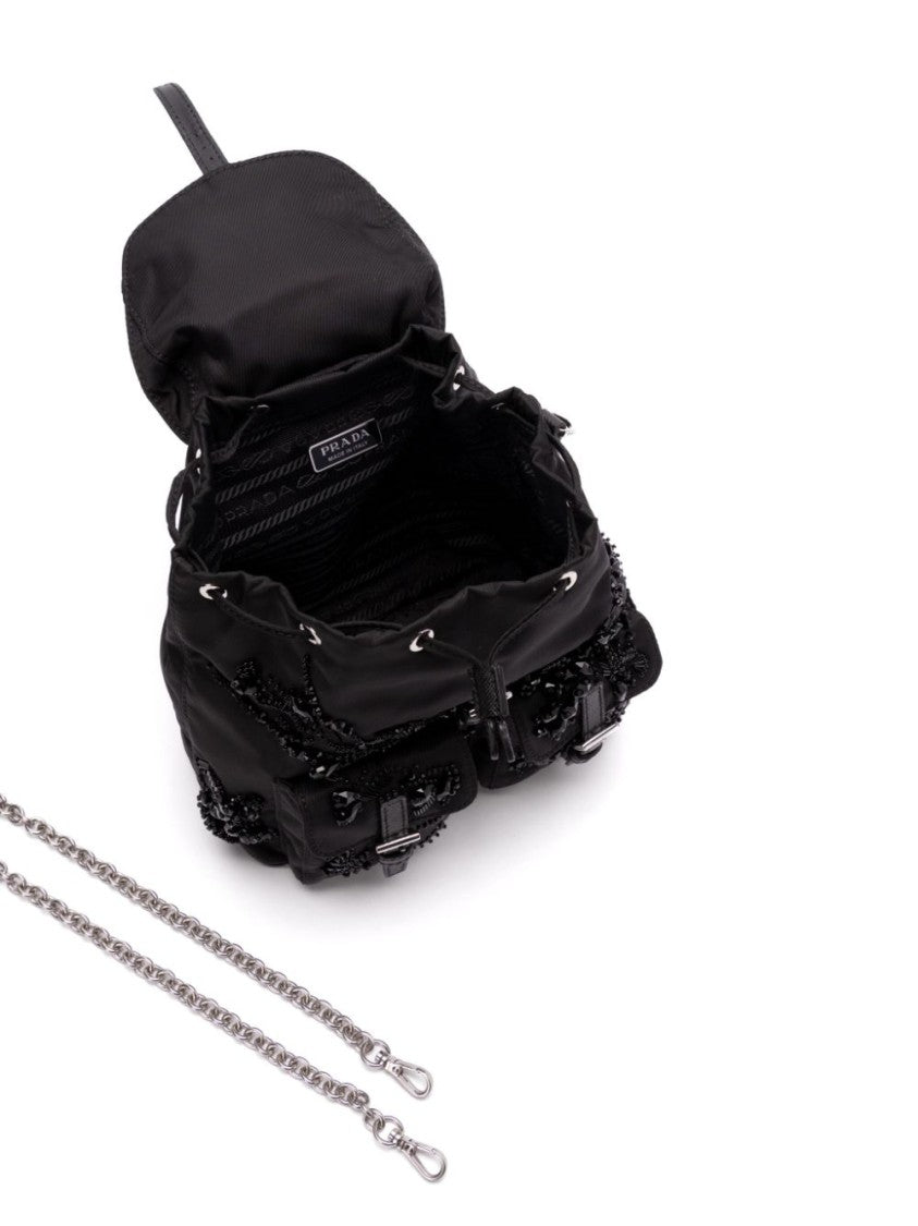 Prada Enamel Triangle-Logo Black Backpack With Front Buckle And Bead Embellishments