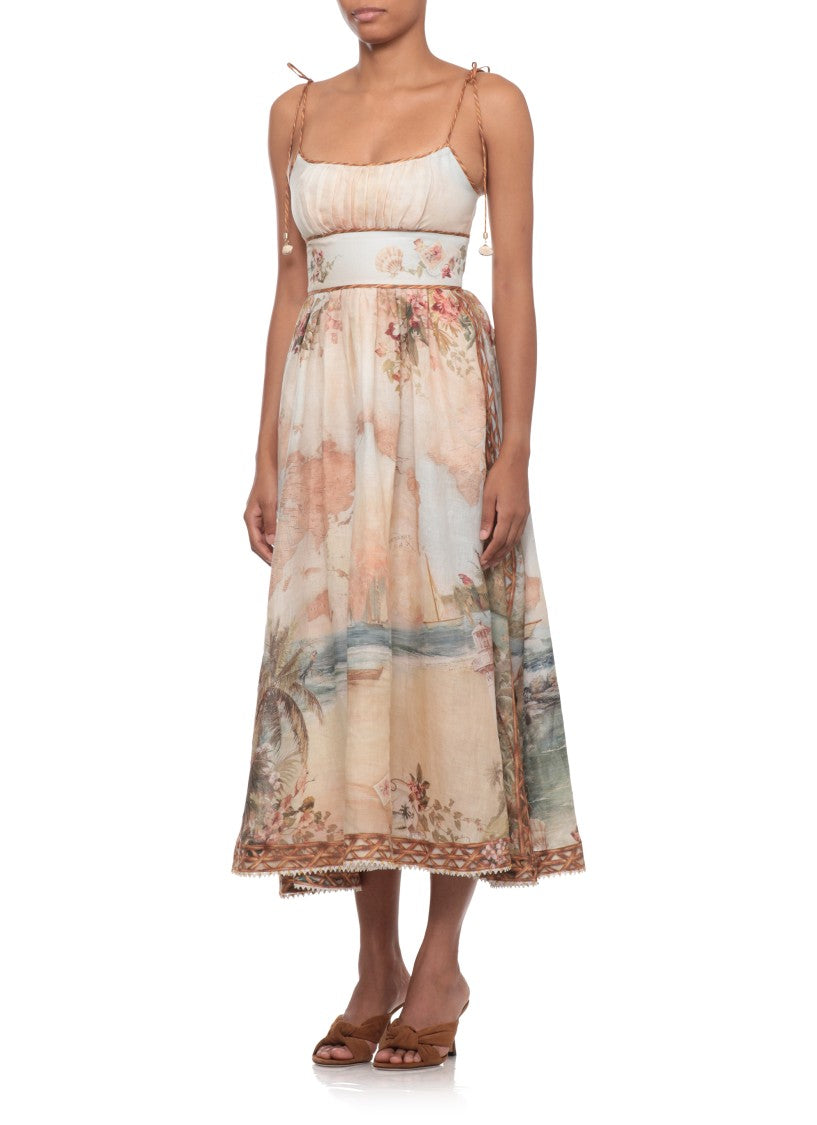 Zimmermann Island Map Print Midi Dress With Structured Bodice And Shell Charms