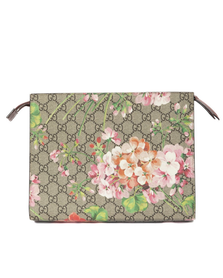 Gucci Small Floral Print Gg Supreme Canvas Pouch With Silver Hardware