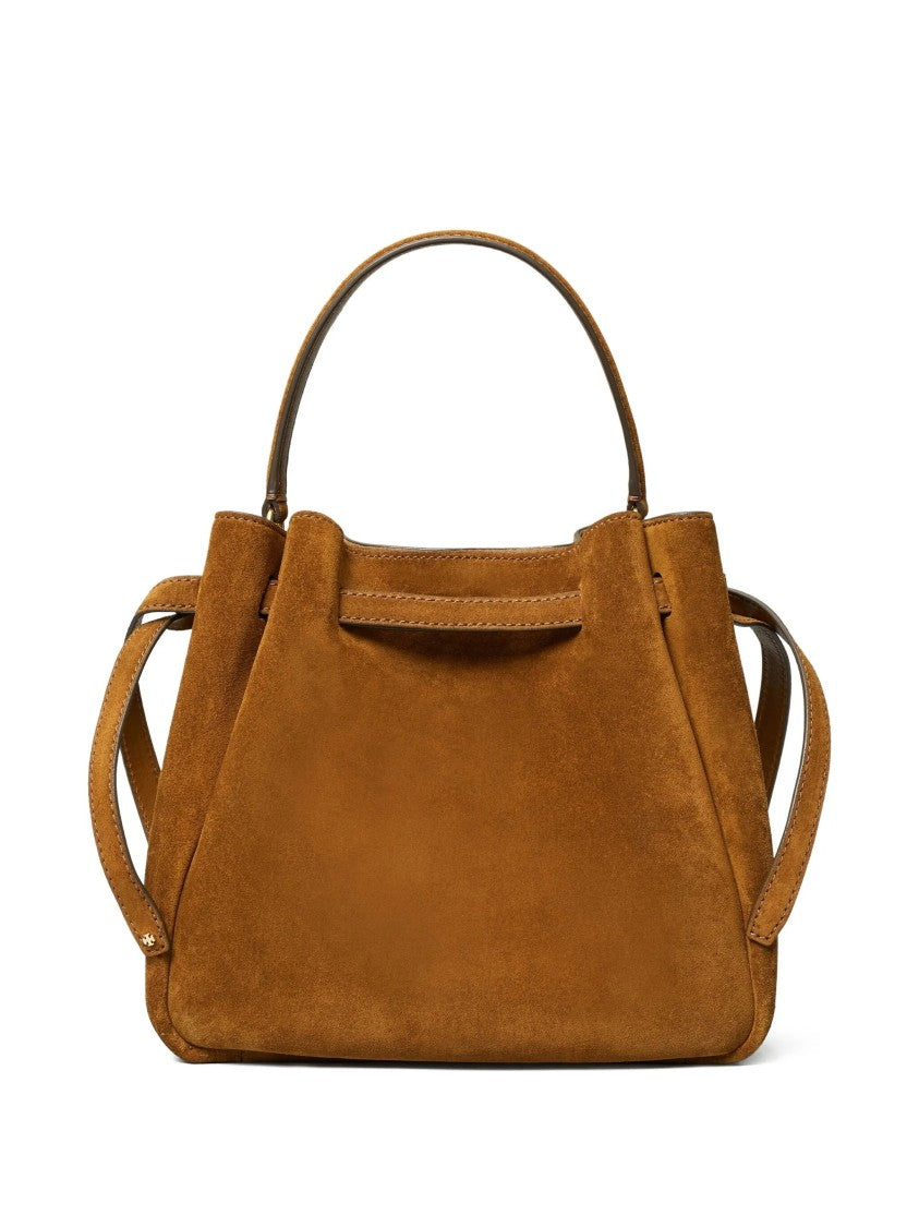 Tory Burch Structured Suede Brown Bucket Bag With Gold Accents