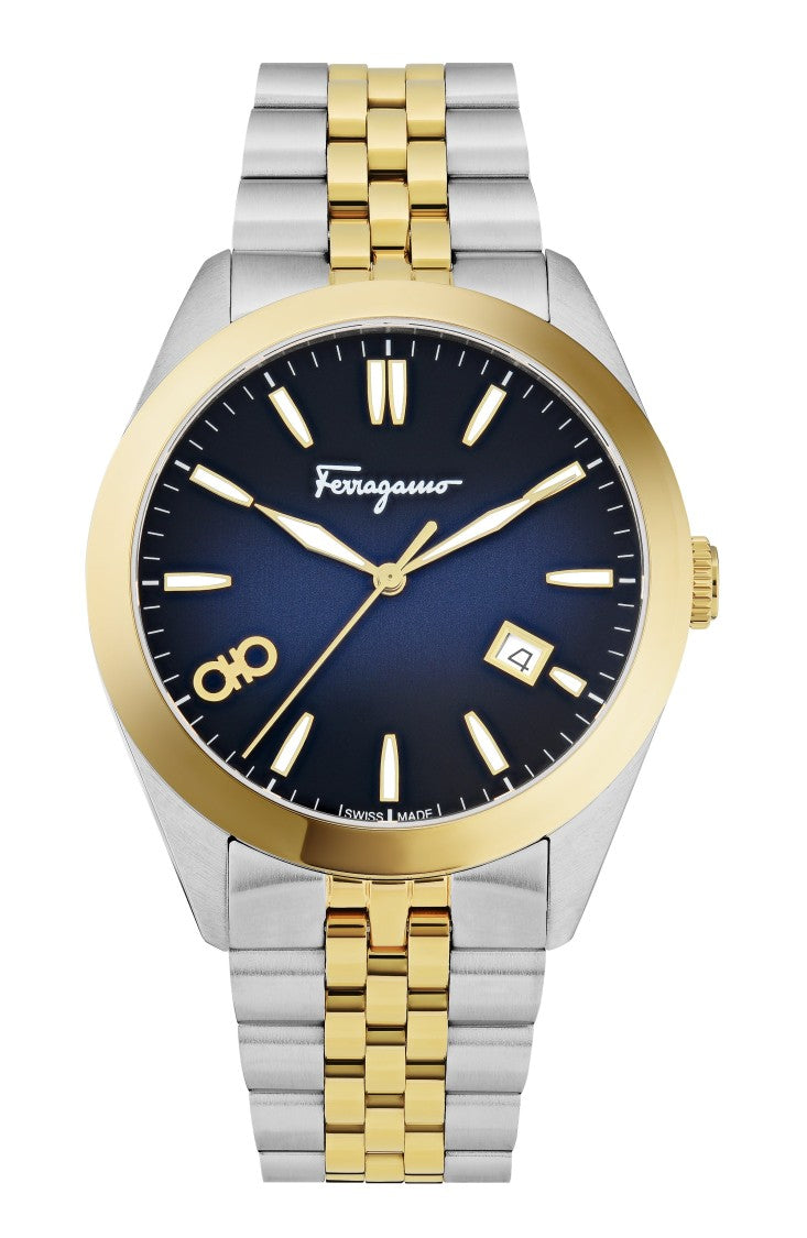 Ferragamo Two-Tone Bracelet Watch With Blue Sunray Dial And Deployant Buckle