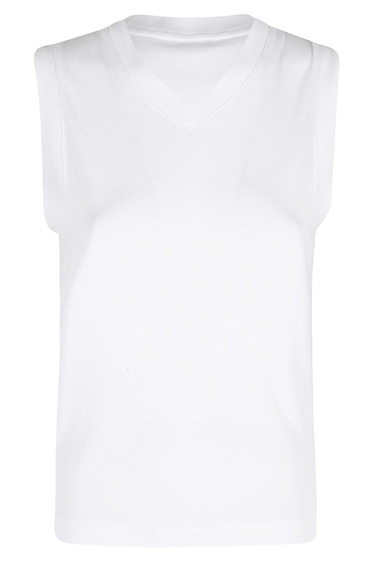 Vince White High V Shell Ribbed-Trim Cotton-Blend Tank Top