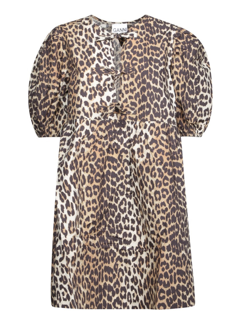 Ganni Leopard Print Short Dress With Three-Quarter Sleeves