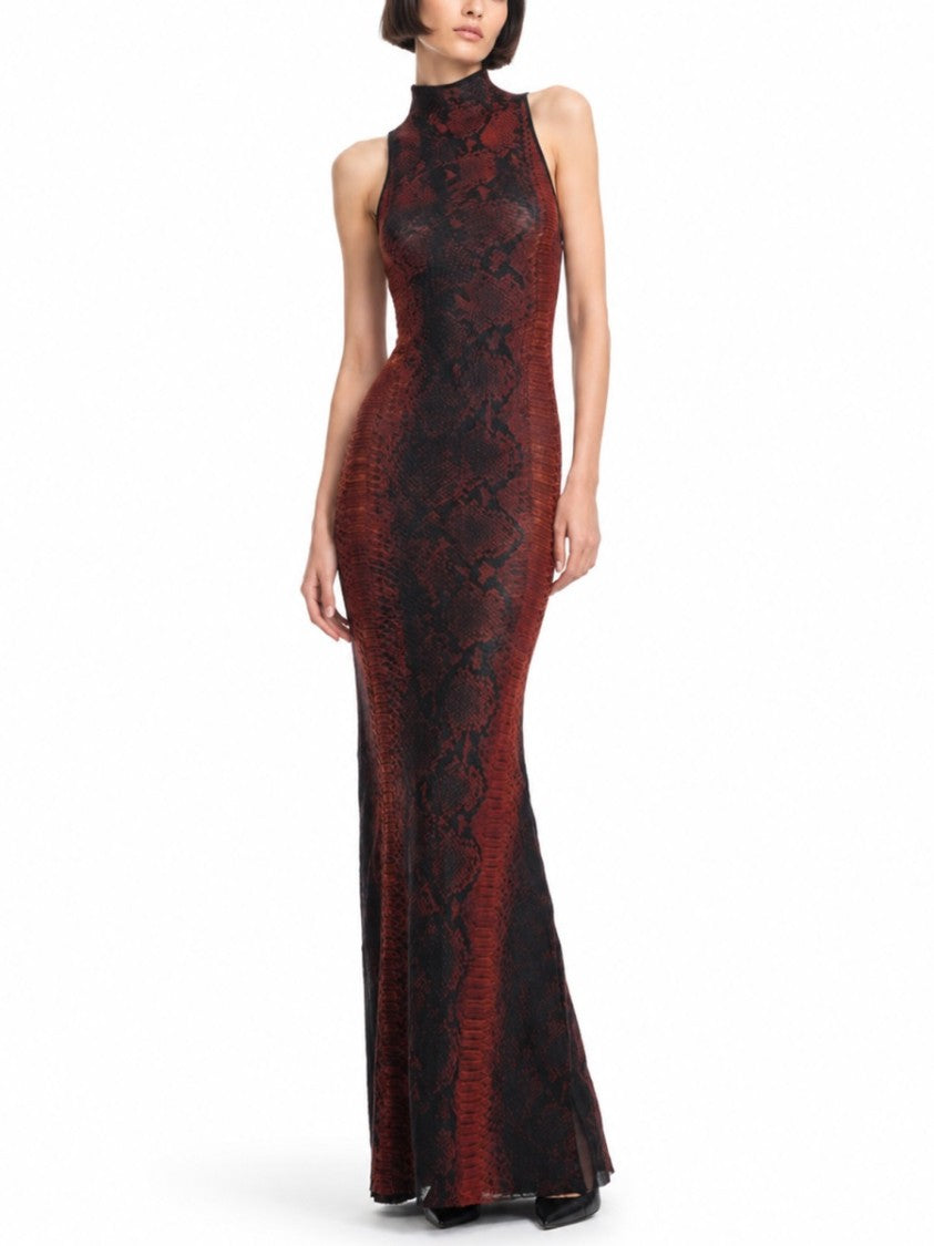Jean Paul Gaultier Multicolor Snake Print High Neck Polyamide Maxi Dress