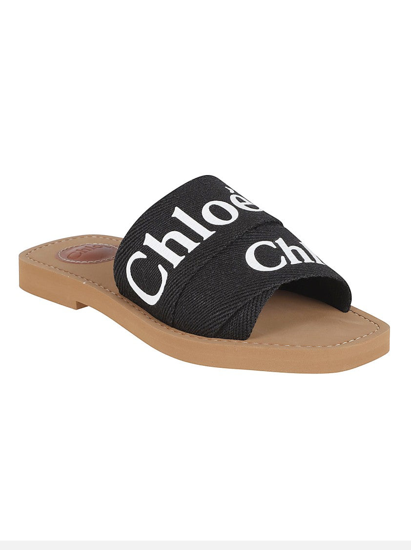 Chloé Flat Mule Sandals With Linen Straps And Contrasting Logo