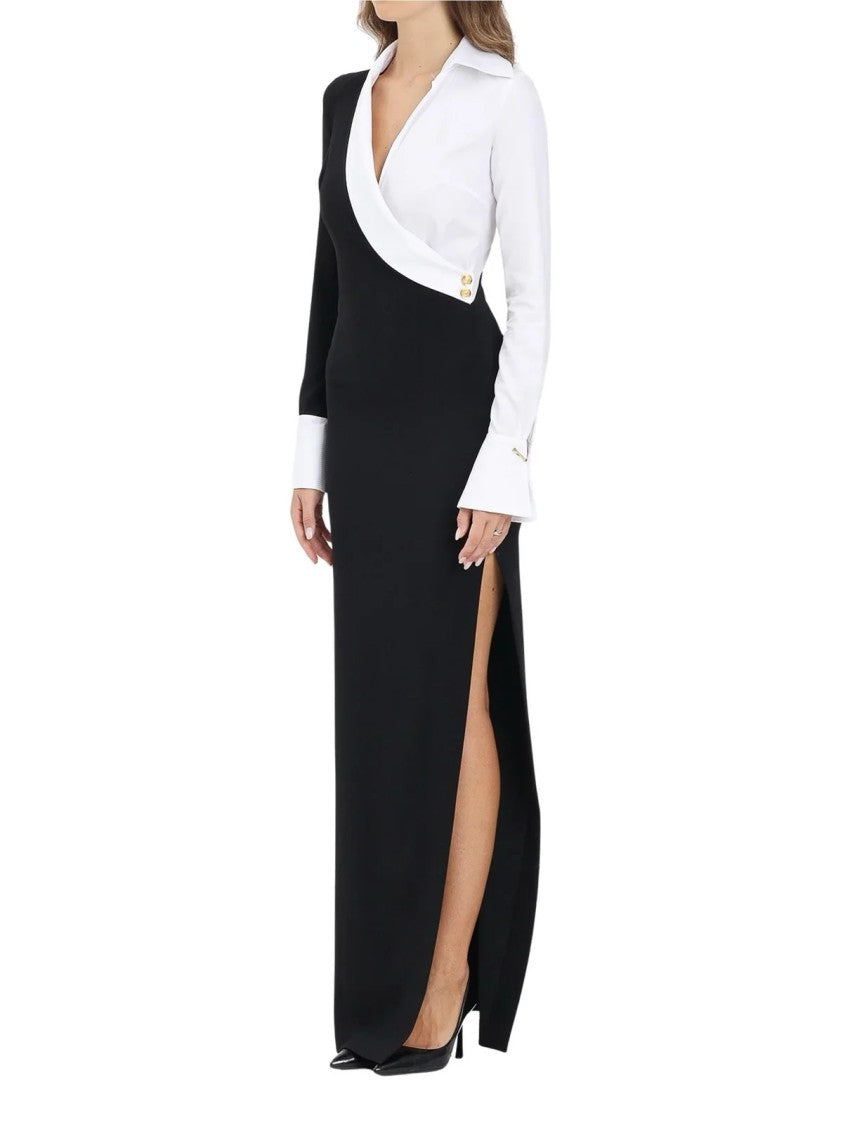 Red Carpet E. Franchi Two-Tone Maxi Dress With Deep V-Neck And Side Slit