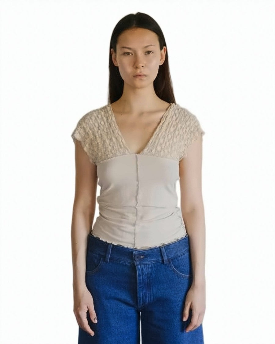 Baserange Dylan Beige Sleeveless Fitted V-Neck Knit Top