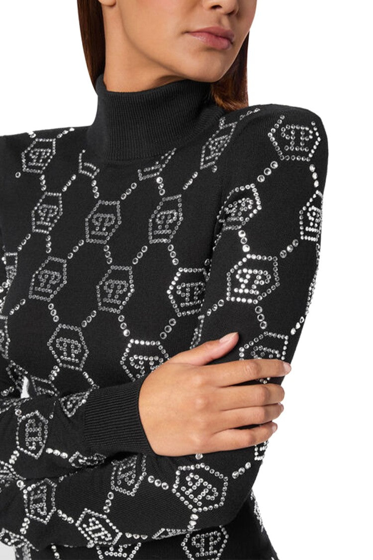 Philipp Plein Fitted Black Dress With Hexagonal Motif And High Neckline