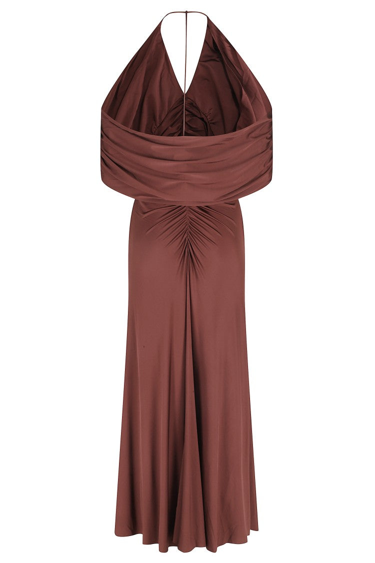 Self-Portrait Brown Jersey Drape V-Neck Viscose-Blend Midi Dress