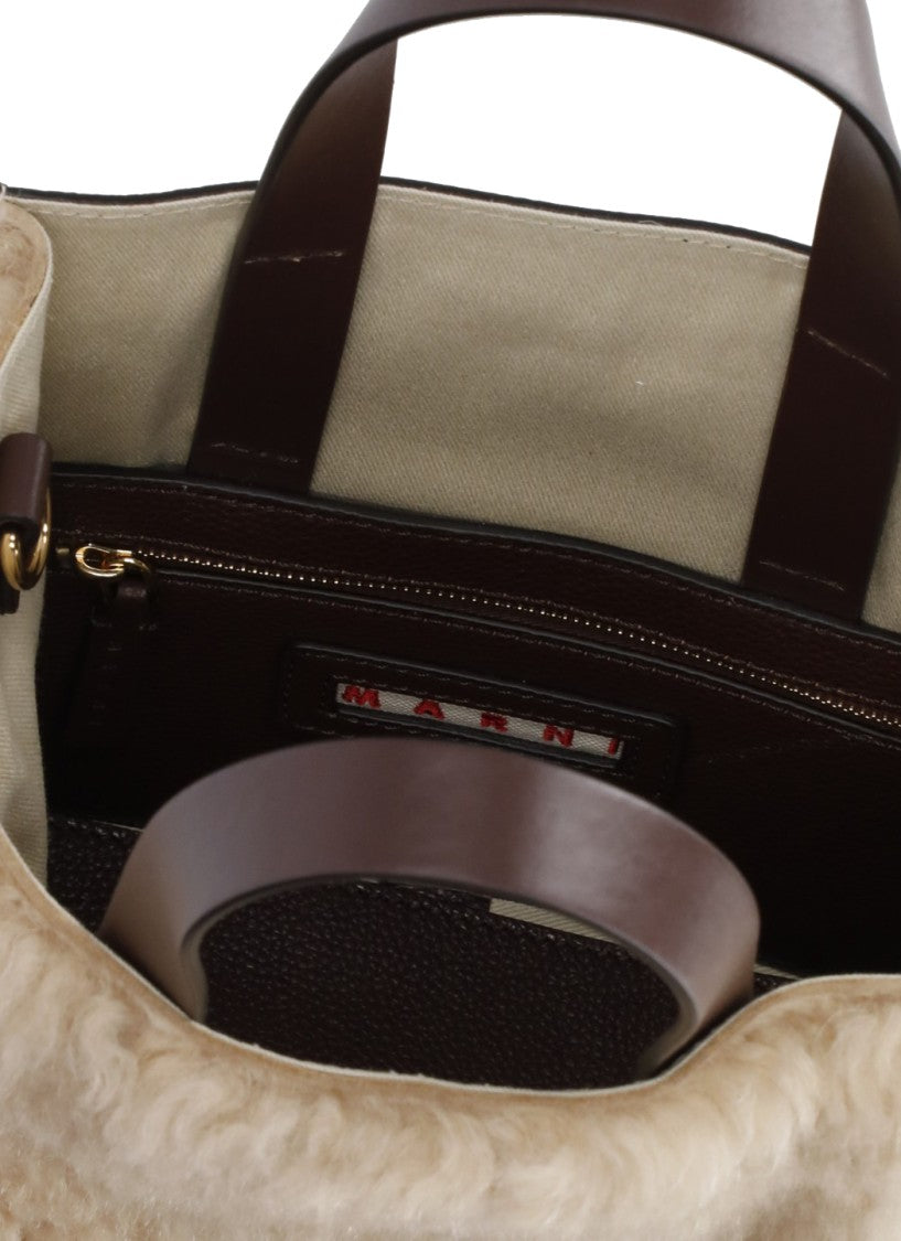 Marni Brown Fur-Blend Logo Handbag