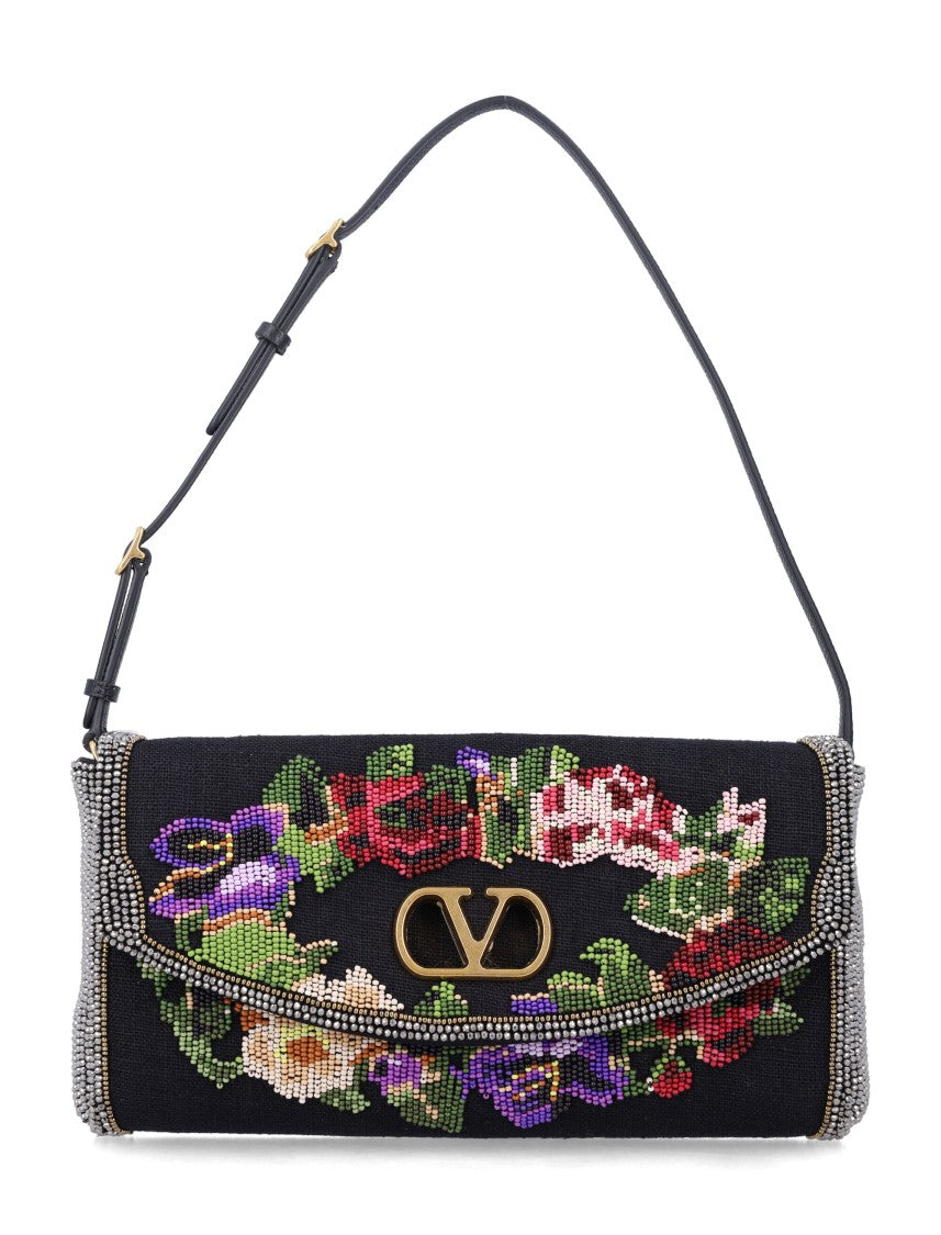 Valentino Garavani Devain Floral Beaded Linen Leather Shoulder Bag