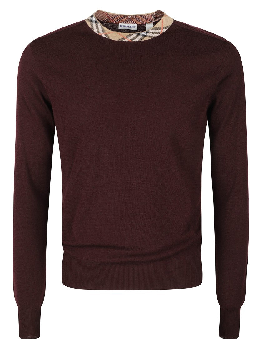 Burberry Deep Burgundy Knit Sweater With Classic Crew Neckline