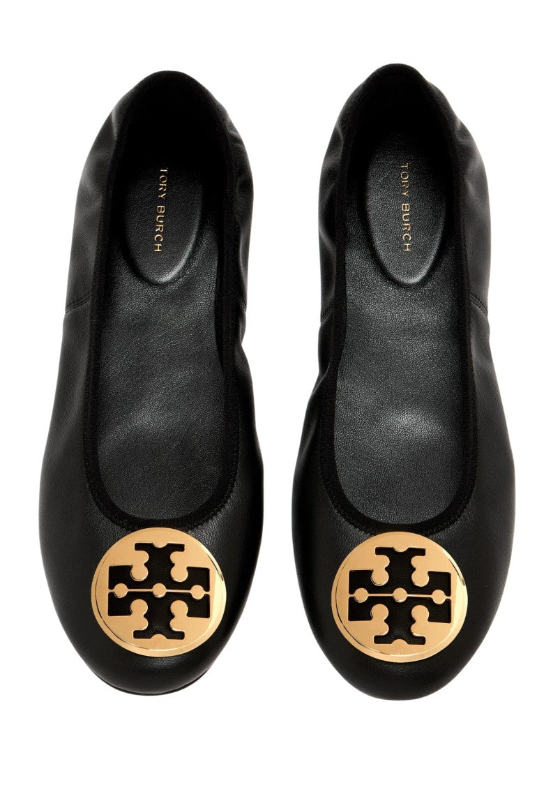 Tory Burch Leather Travel Ballet Flats With Logo Emblem
