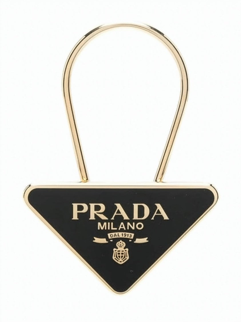 Prada Triangular Metal Keyring With Black Enamel And Gold Accents