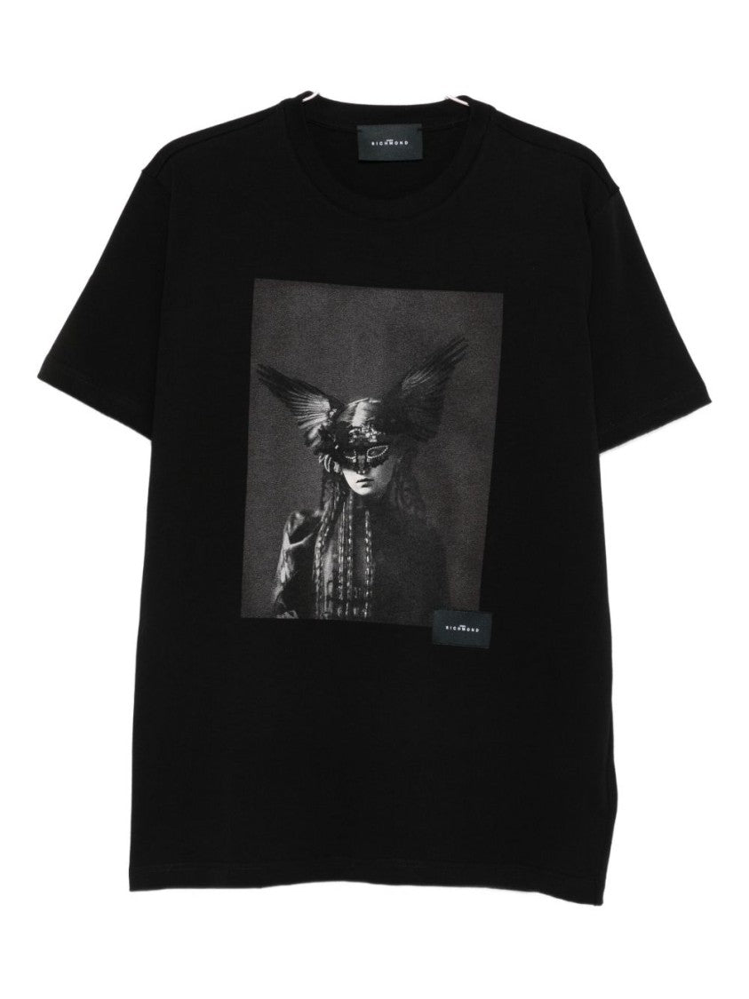 John Richmond Monochrome Graphic Print Black Cotton T-Shirt