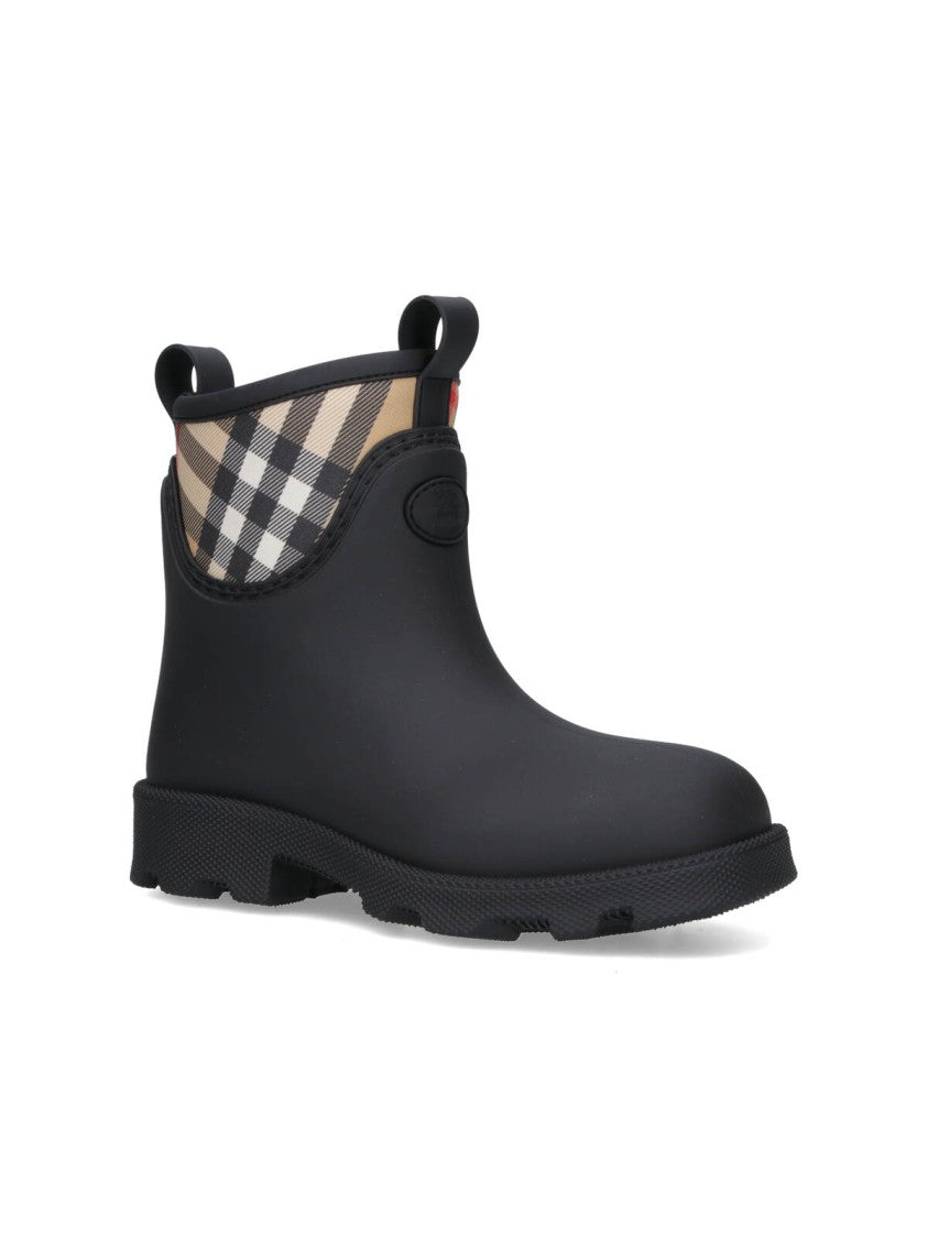 Burberry Black Rubber Ankle Boots With Check Fabric Panel