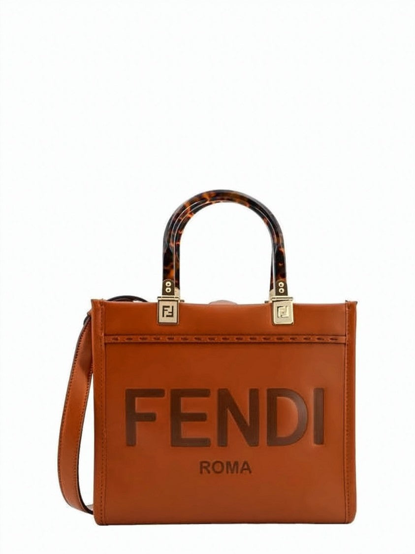 Fendi Structured Calf Leather Sun Shopper Bag With Logo Accents