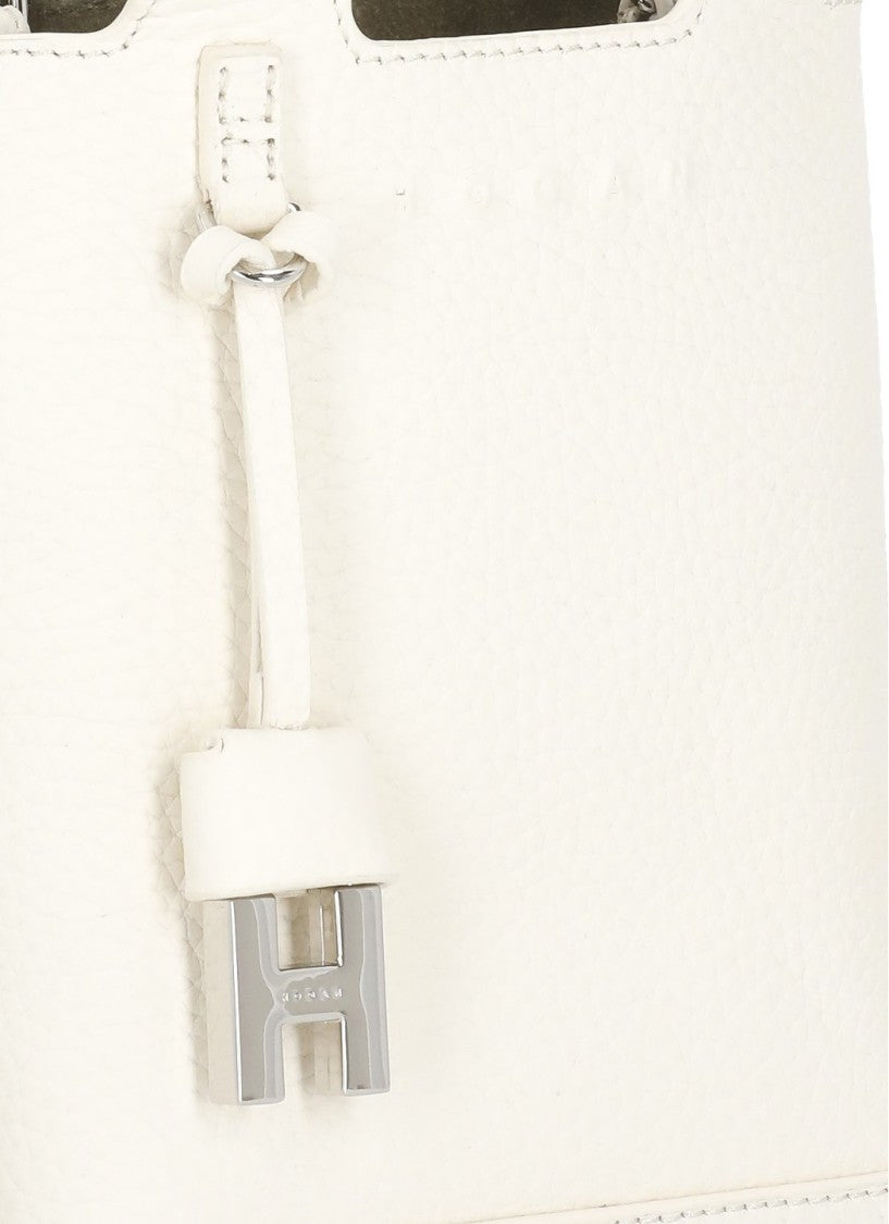 Hogan Compact Mini Bag In White Pebbled Leather With Metallic Charm