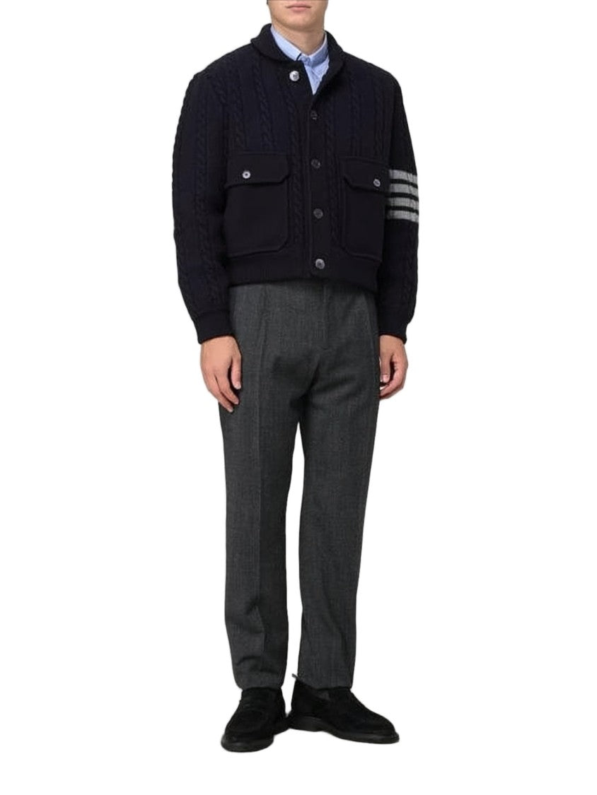 Thom Browne Navy Blue Cable-Knit Jacket With Button-Up Front