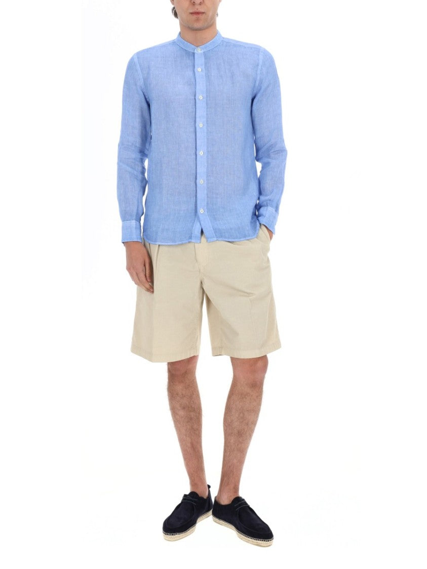 120% Lino Relaxed Linen Mandarin Collar Casual Shirt