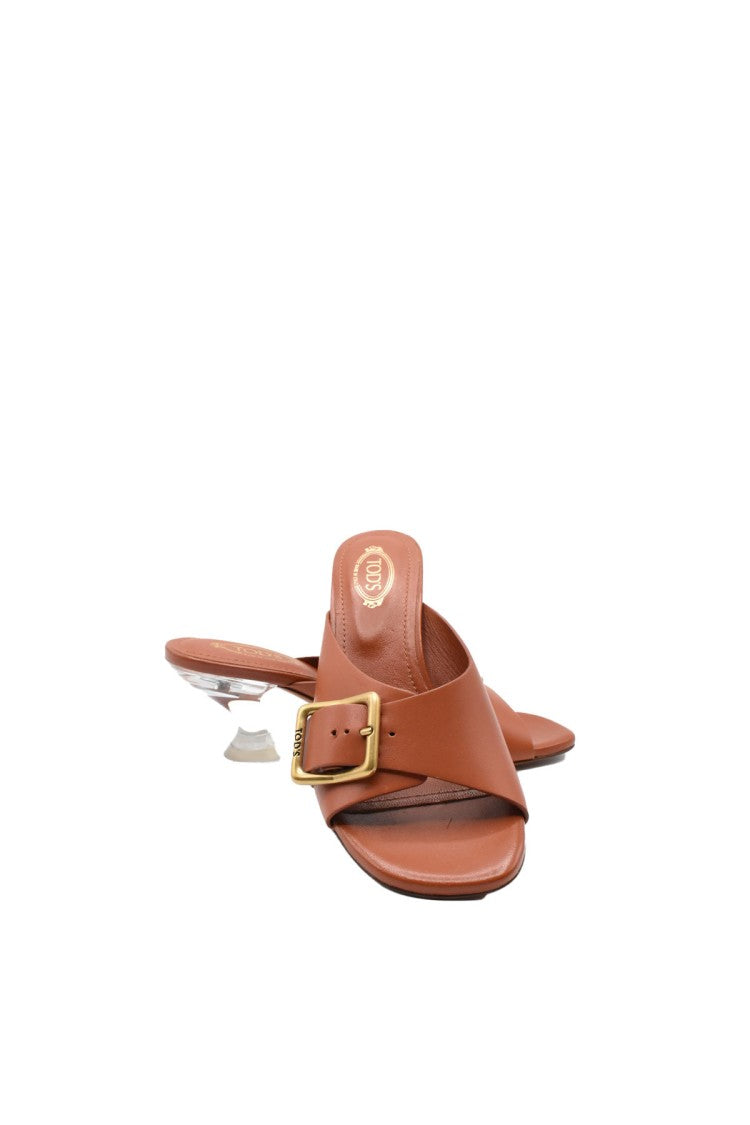 Tod's Brown Buckle Clear Block Heel Leather Sandals
