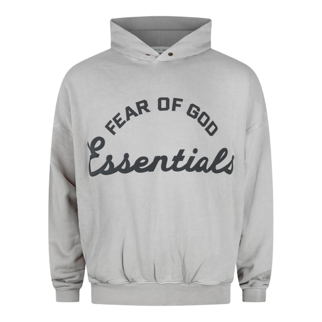 Fear Of God Essentials Light Grey Hoodie With Bold Script Graphic And Ribbed Detail