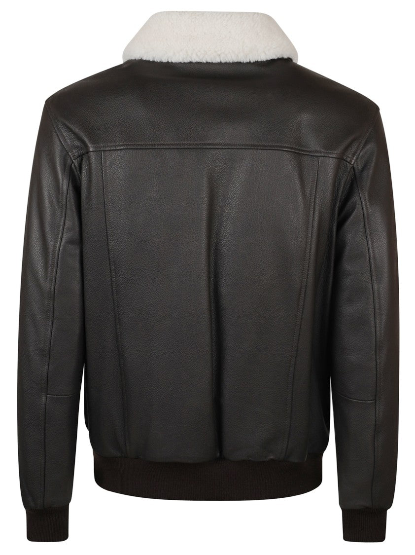 Eleventy Classic Brown Bomber Jacket With Shearling Collar