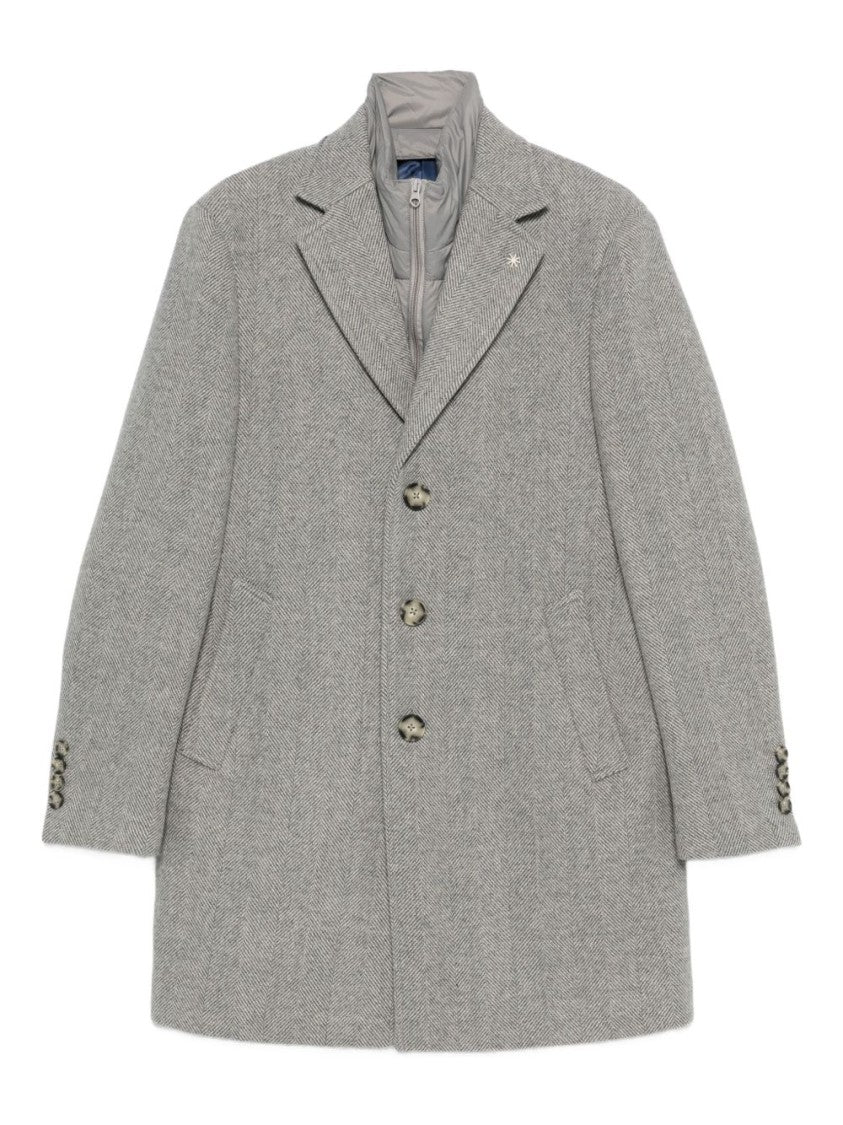 Manuel Ritz Grey Herringbone Single-Breasted Coat With Notched Lapels And Flap Pockets