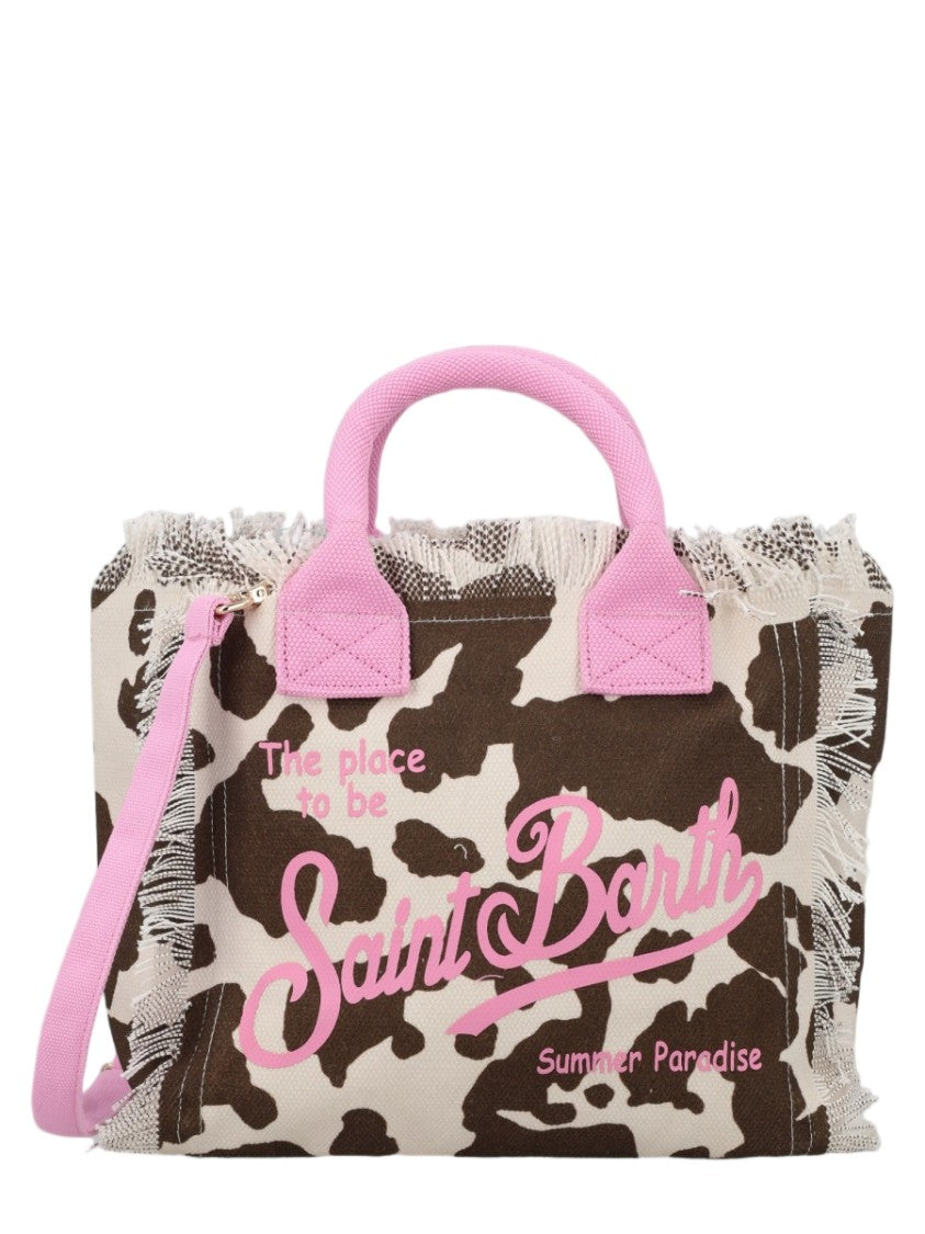 Mc2 Saint Barth Rectangular Cow Print Canvas Tote Bag With Frayed Edges