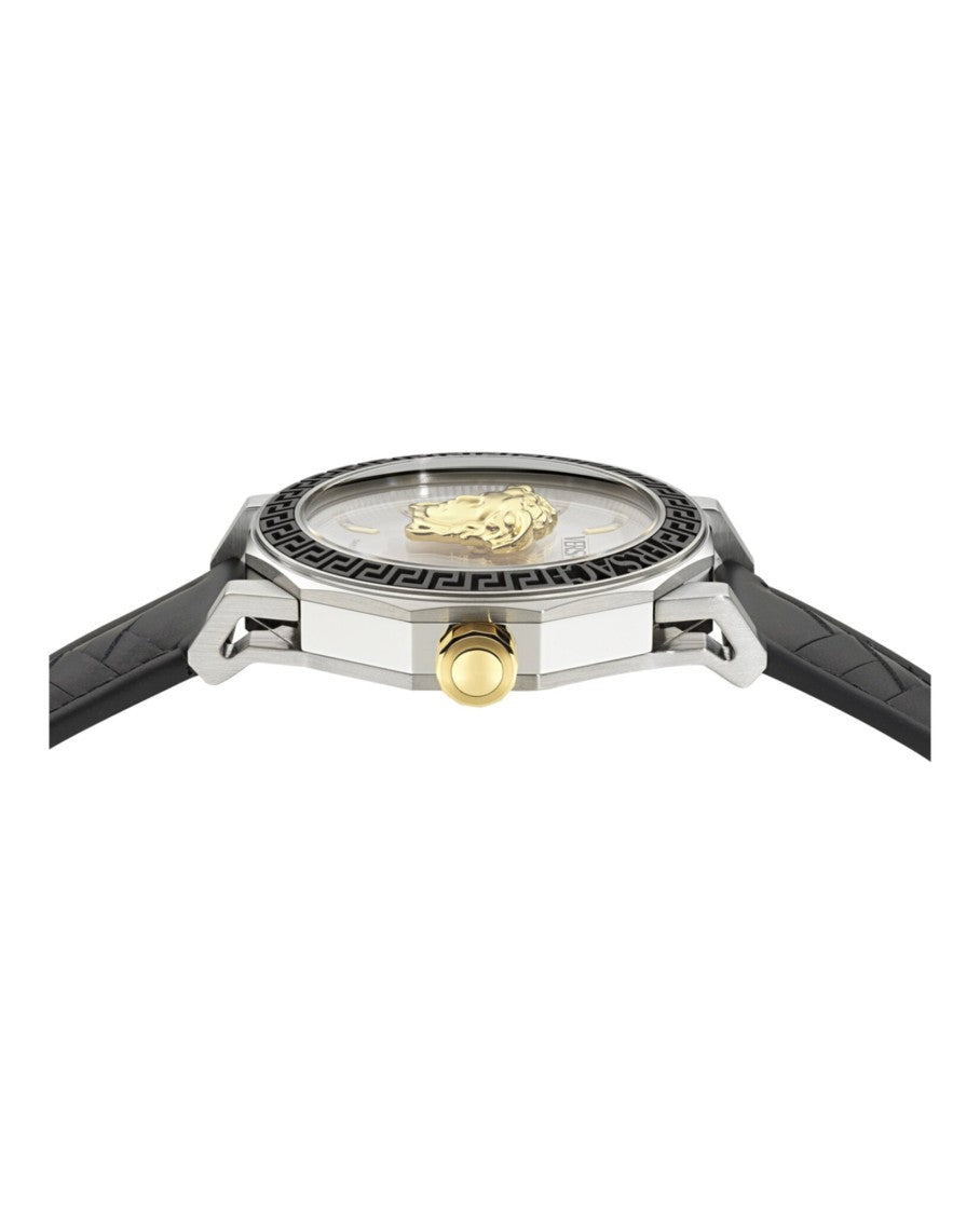 Versace Medusa Deco Leather Watch With Silver Guilloche Dial