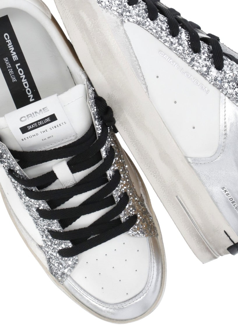 Crime London White Silver Inserts Glitter Leather Sneakers