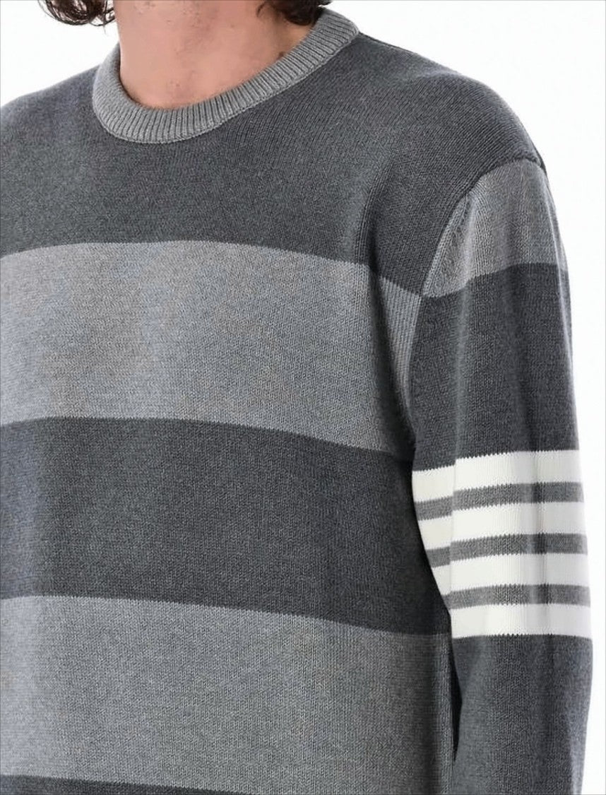 Thom Browne Relaxed Fit Grey Striped Knitted Sweater With Rose Motif