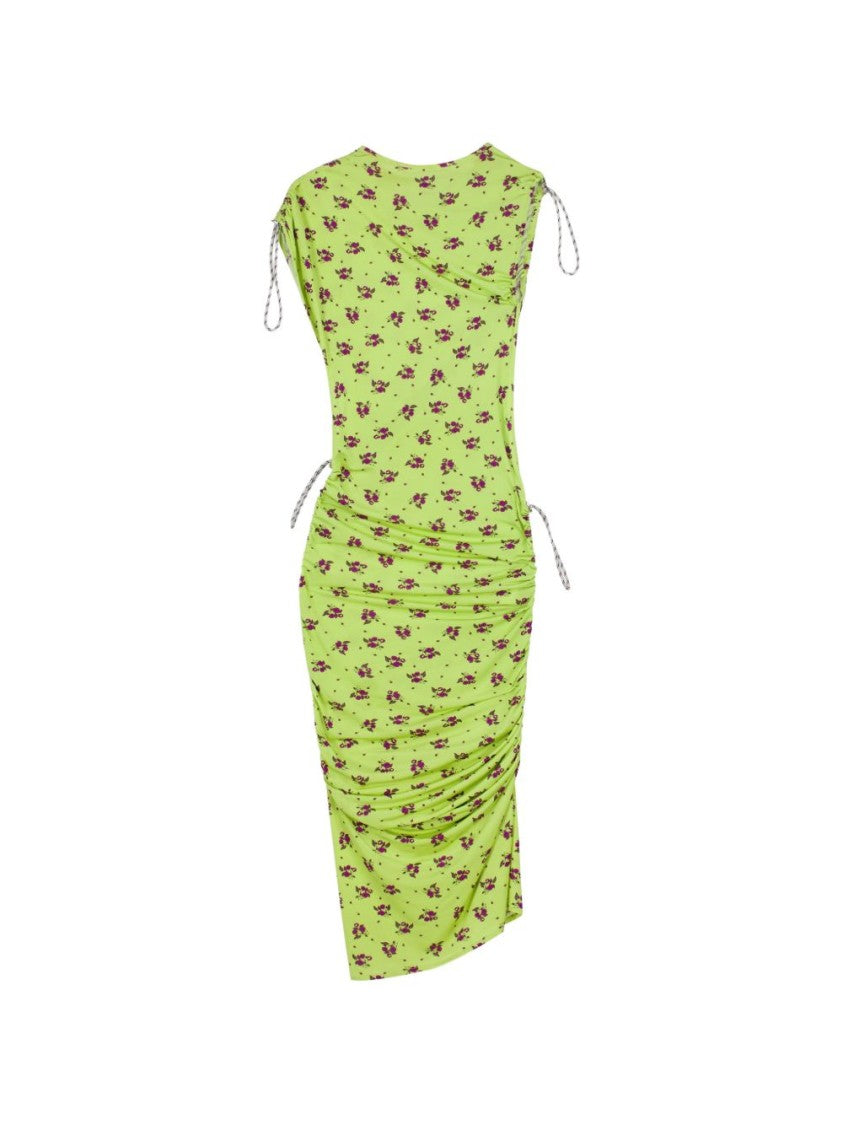 Coperni Green Floral Print Ruched Midi Dress