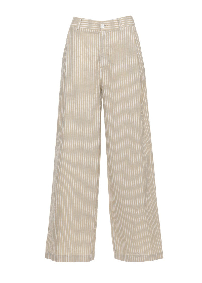 120% Lino Beige Striped Fastening Linen Pants